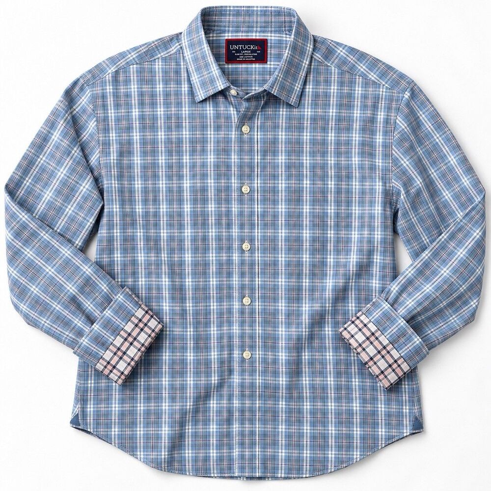 UNTUCKit Felton Wrinkle-Free Shirt Blue Pink Plaid Slim Fit Flip Cuff Men's L